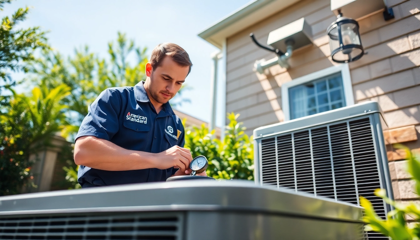 Expert technician working on an American Standard HVAC dealer unit in a sunny backyard.
