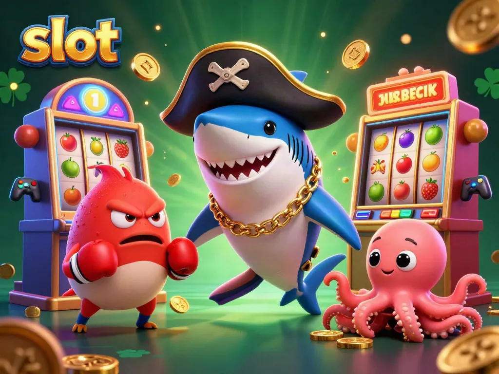 Engage in thrilling slot adventures with a cartoon pirate shark, pufferfish, and octopus amidst vibrant casino elements.