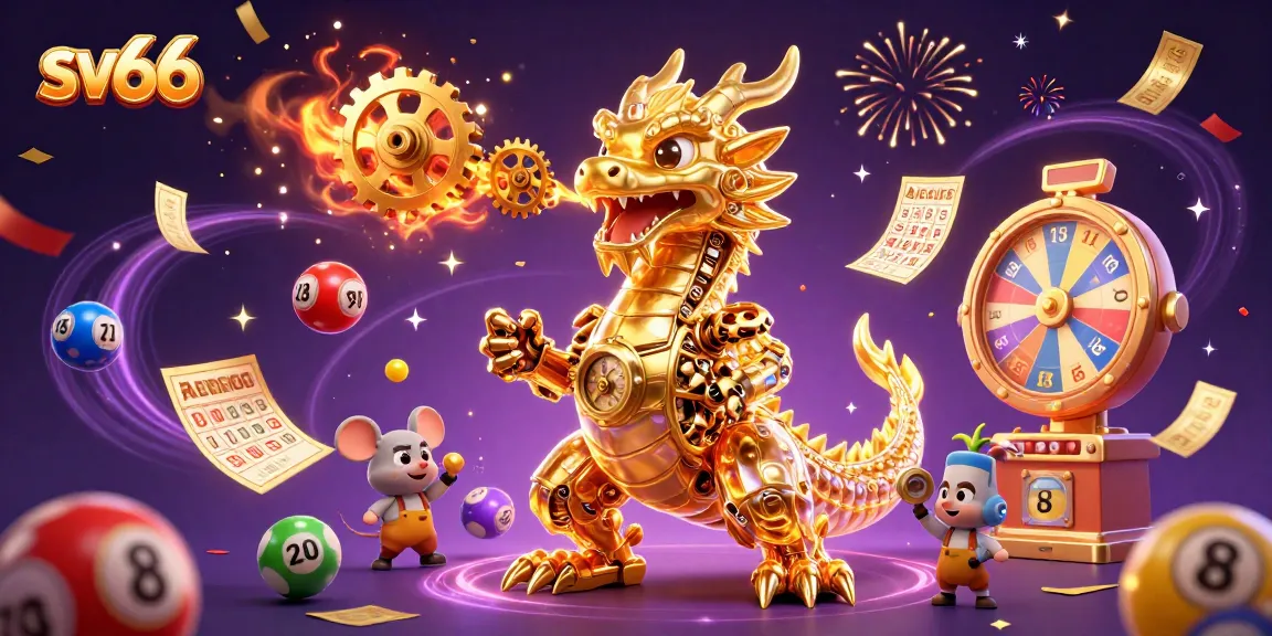 sv66 games interactive session with a mechanical dragon breathing gears during a vibrant casino celebration