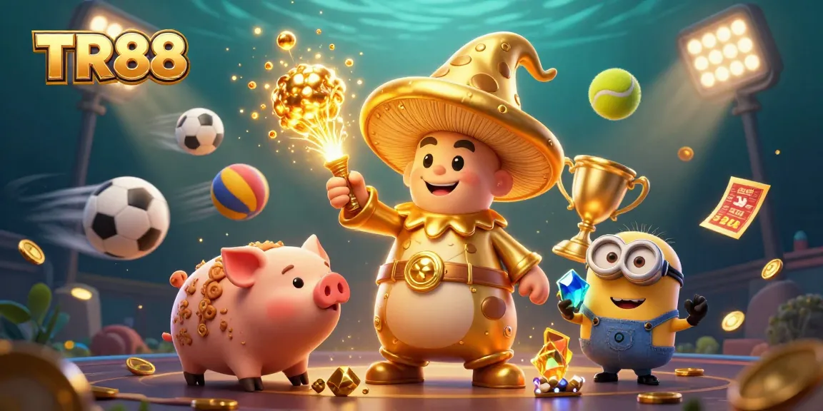 Engage with TR88's vibrant casino scene featuring a golden wizard and treasure-seeking characters amidst dynamic sports elements.