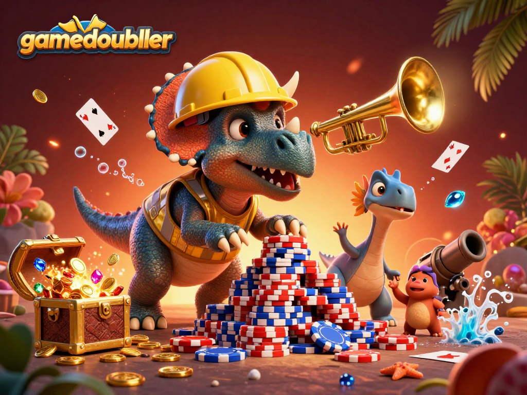 Join the fun at gamedoubler with a vibrant casino scene of creatures building poker chips and celebrating!