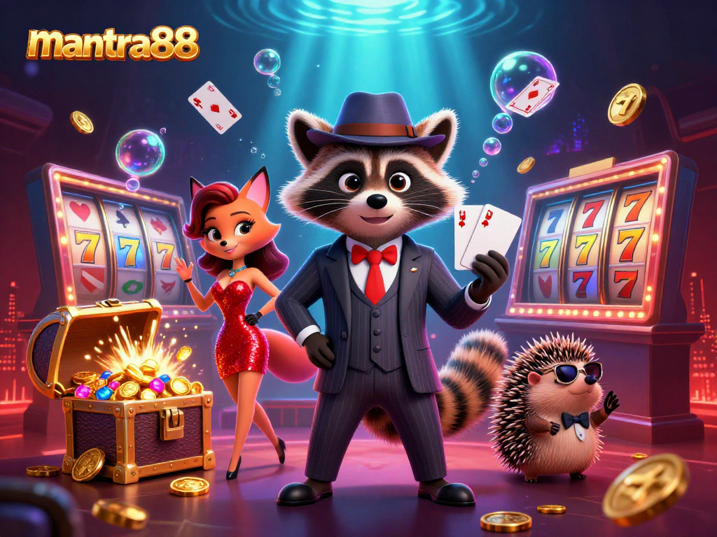Experience the excitement of mantra88 with raccoon and friends celebrating a royal flush at a vibrant gaming scene.