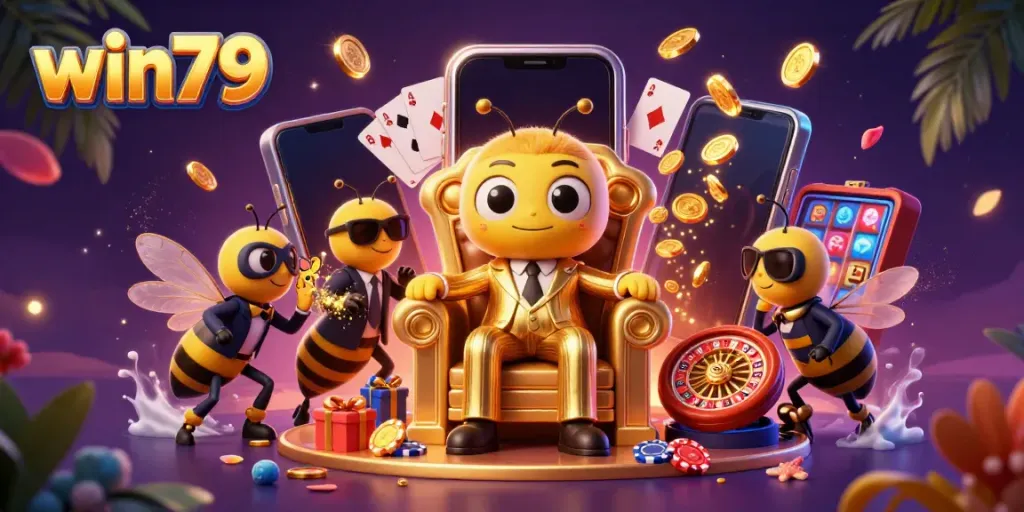 Experience the vibrant world of win79 with a dynamic casino scene featuring a bumblebee mob boss and thrilling game elements.