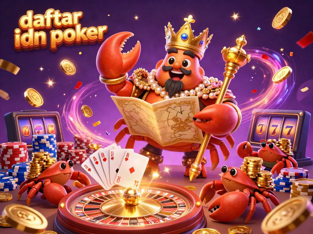 Engage with daftar idn poker in this exciting 3D casino illustration featuring a golden crab emperor and dynamic gaming elements.