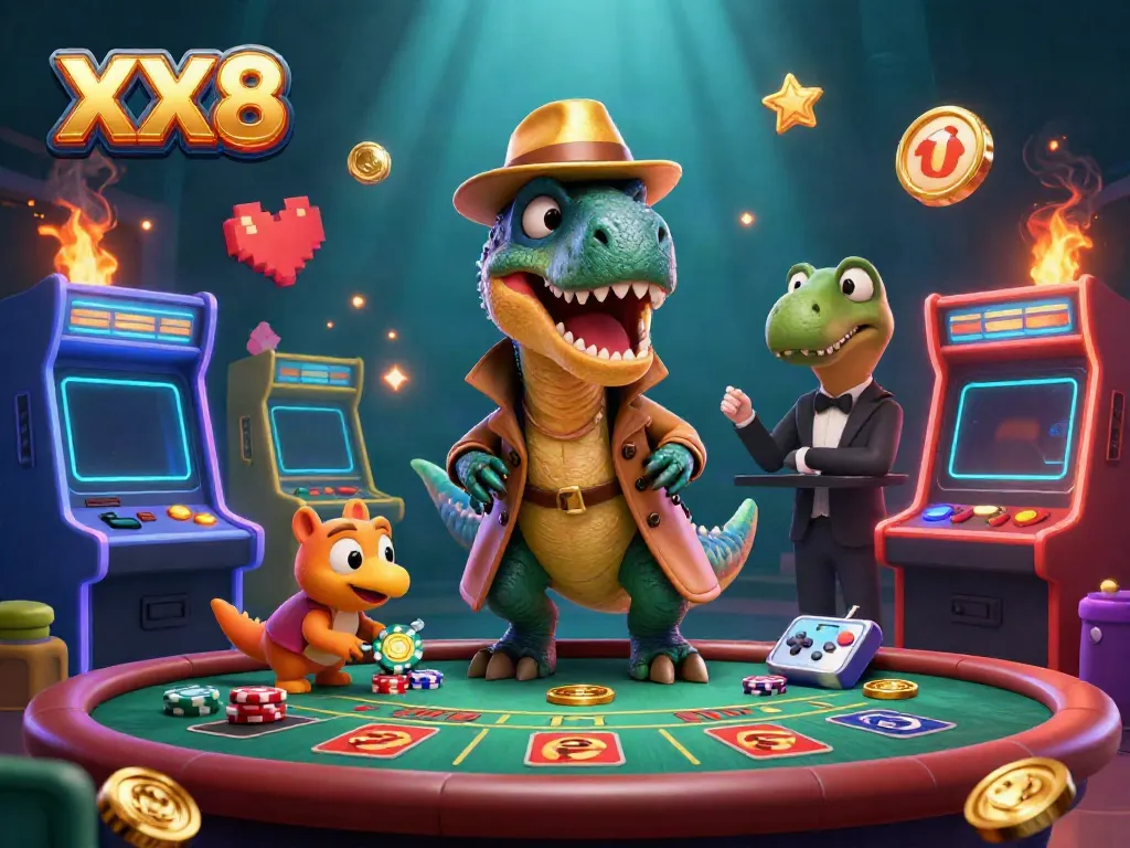 Engaging scene of a velociraptor card counter at a blackjack table in XX8's vibrant casino