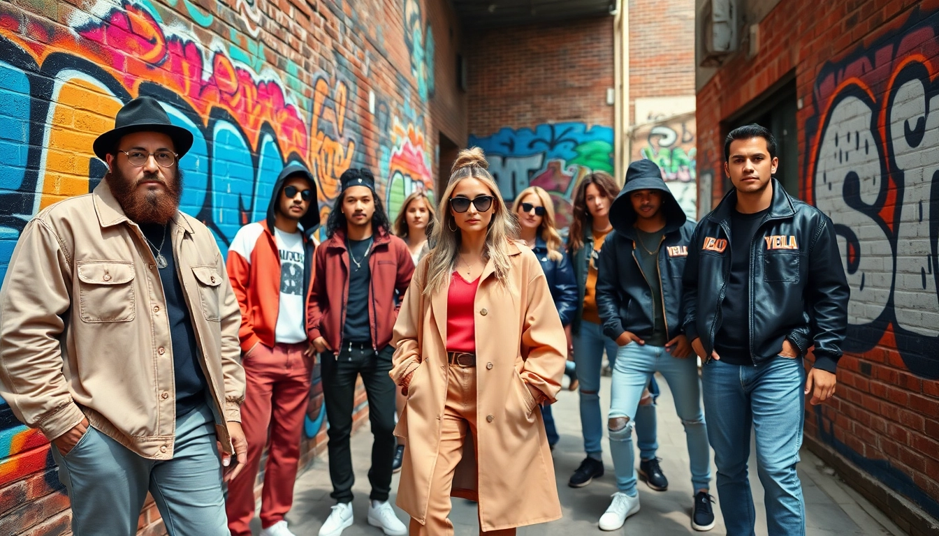 Stylish streetwear fashion showcasing diverse individuals on urban streets.