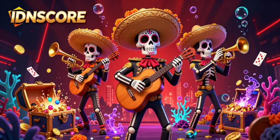IDNSCORE's vibrant casino scene with a Dia de los Muertos skeleton mariachi band amidst underwater treasures and playing cards.