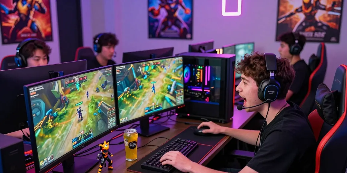 Gamer bersemangat memainkan LUXURY777 di ruang permainan yang ceria dan berwarna-warni.