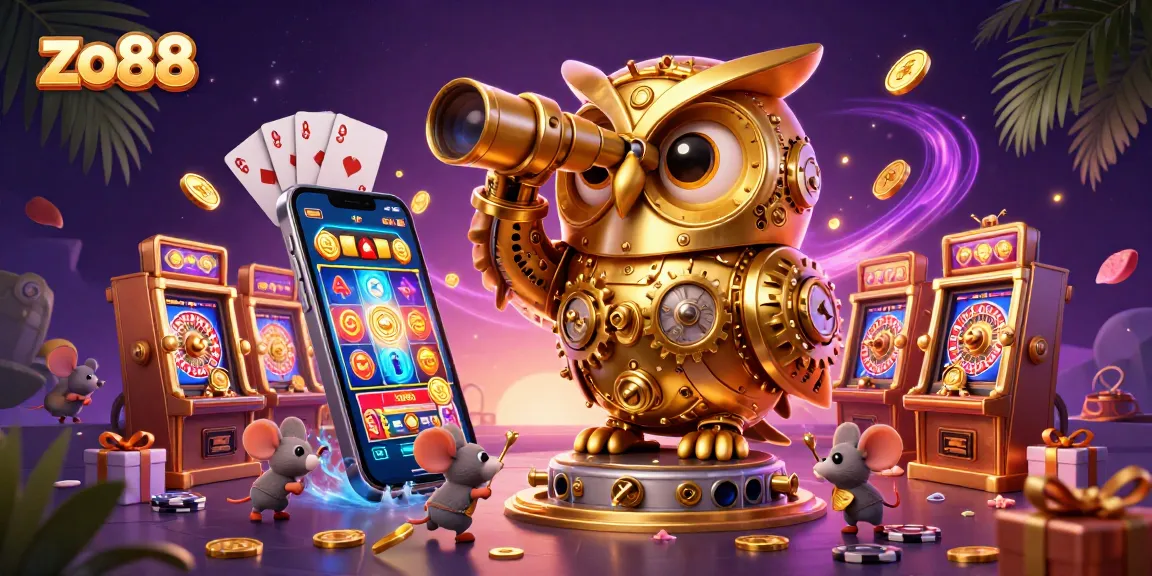 Experience the excitement at zo88 with a 3D scene featuring a golden owl and vibrant casino elements