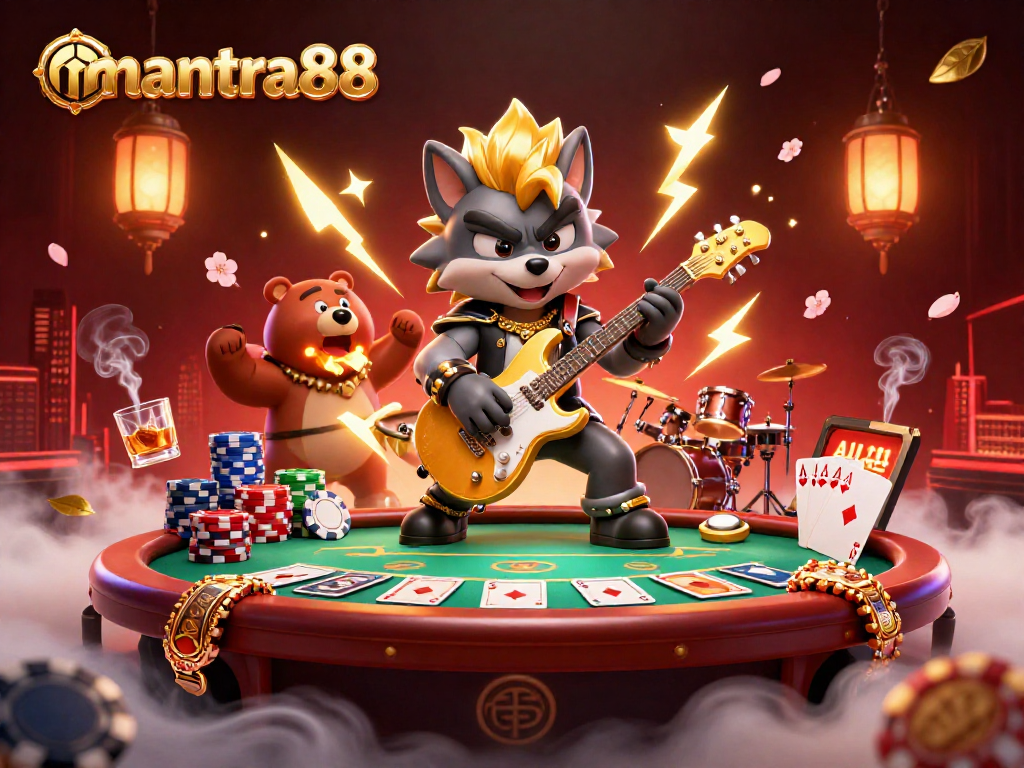 Experience a thrilling mantra88 casino performance with a rock star wolf and band celebrating gaming.