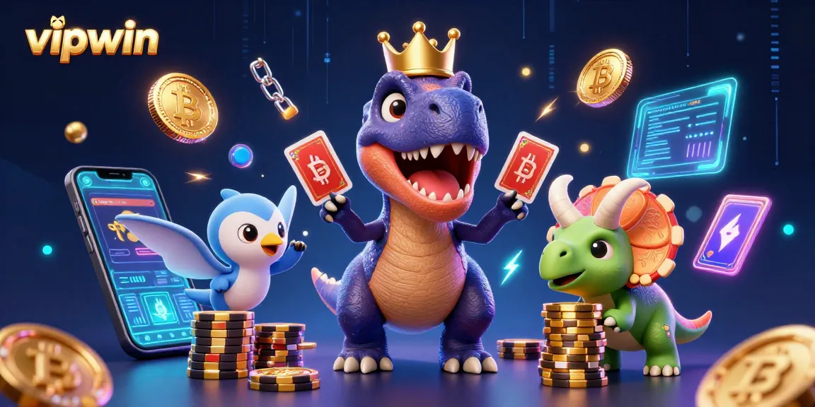 Engage in thrilling gameplay with vipwin as a T-Rex shuffles cards alongside friends in a vibrant casino scene.