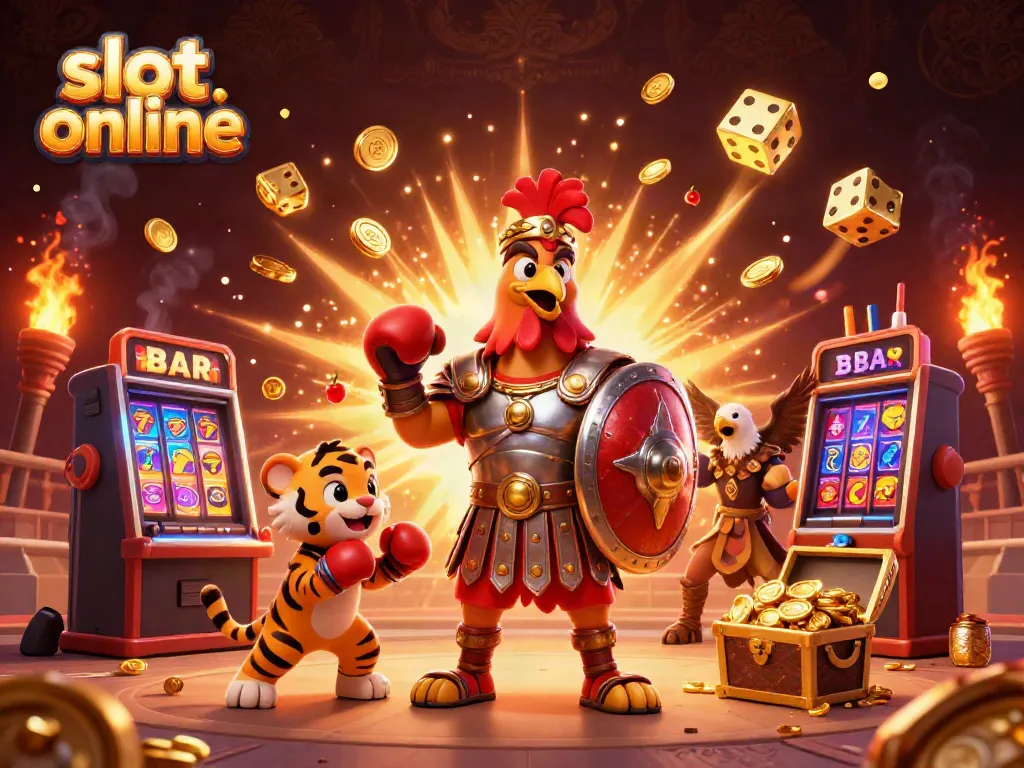Experience the thrill of slot online with a colorful 3D illustration featuring a gladiator rooster and jackpot elements.