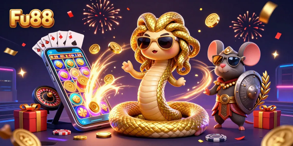 Experience thrilling gaming at Fu88 with a vibrant Medusa and warrior mouse in a dynamic casino scene.