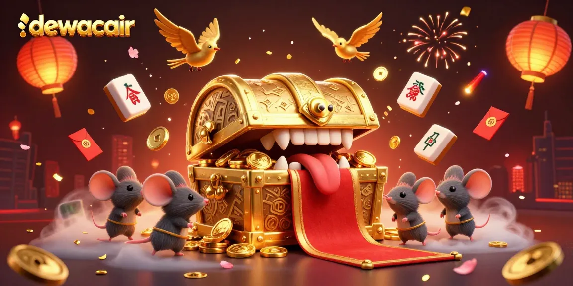 Experience gaming excitement at dewacair with a vibrant 3D scene of Mahjong tiles and treasure.