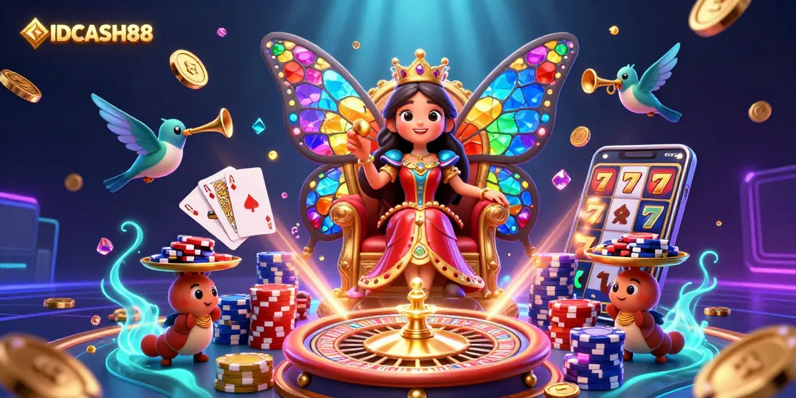 Engage with IDCASH88's vibrant gaming universe, featuring a butterfly queen, golden chips, and spinning roulette.