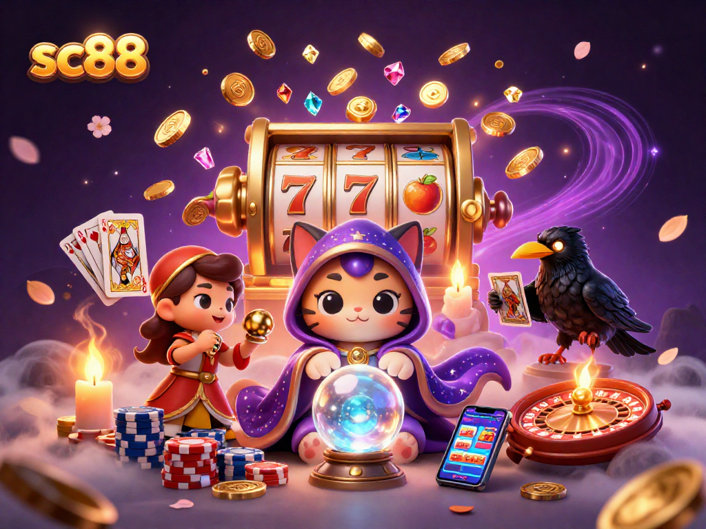 Engage with sc88's vibrant 3D casino scene showcasing a mystical fortune teller and enchanting game elements.
