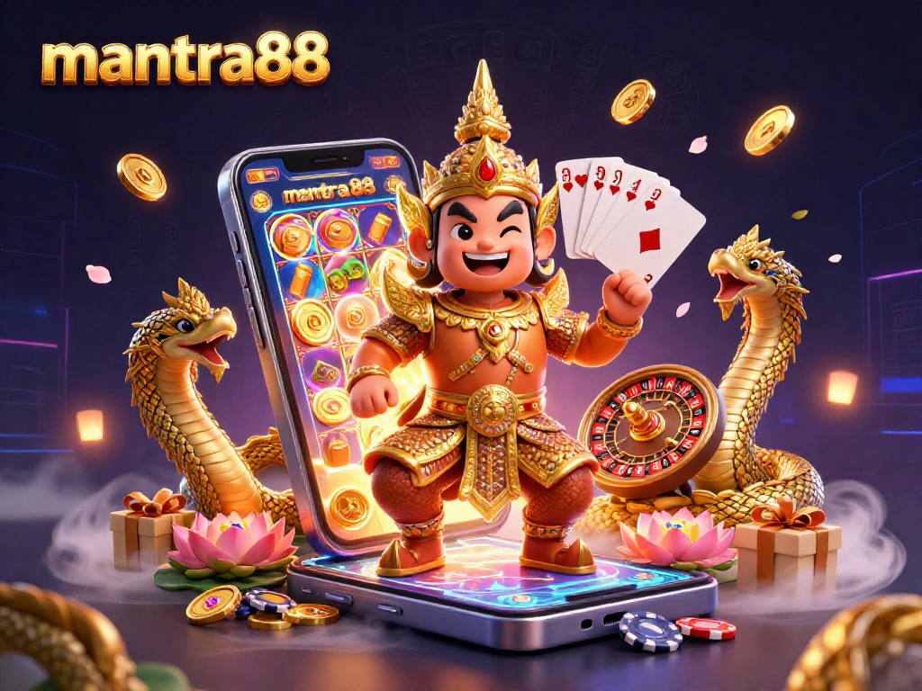 Experience the thrill of mantra88 as the yaksha guardian plays vibrant slot games with vivid characters and golden elements.