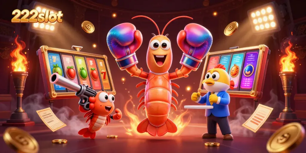 Geng mandur 222slot dengan karakter udang mantis dan udang pistol di arena slot, penuh detail akurat.