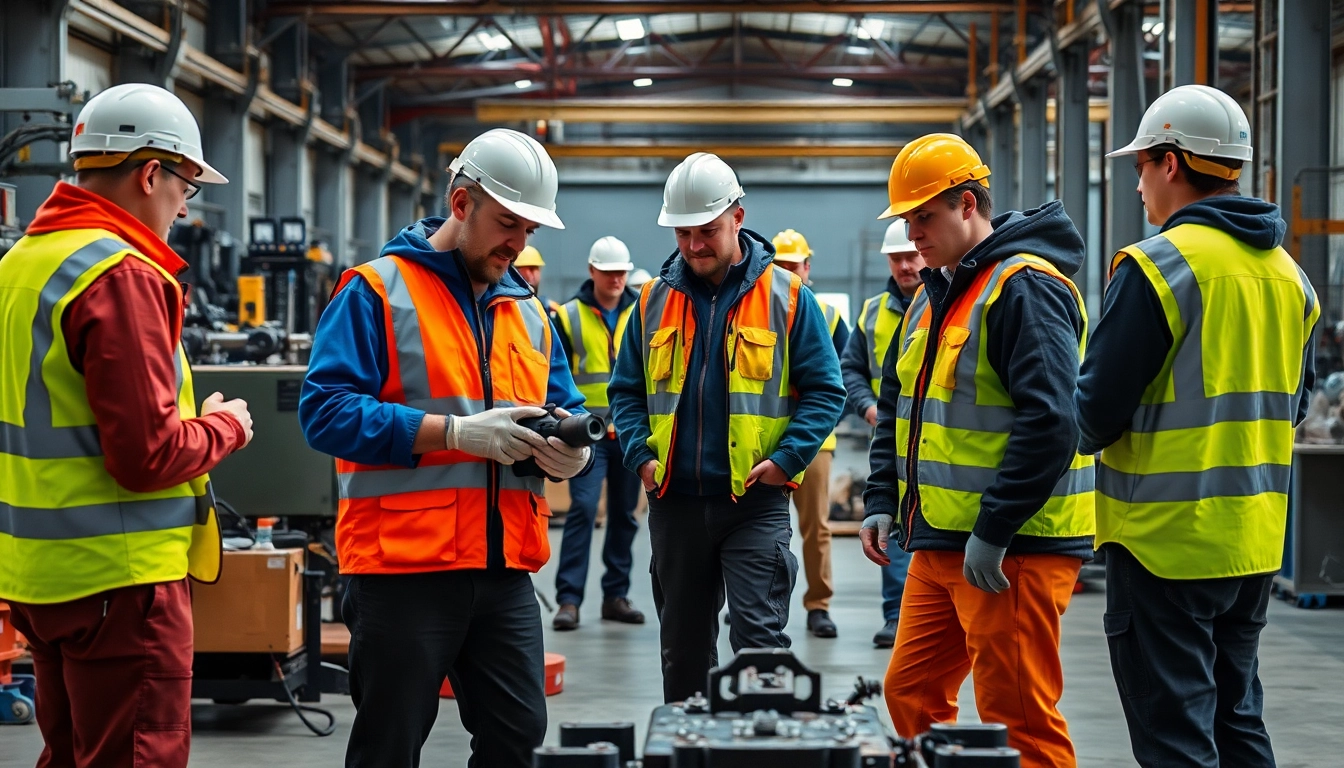 Trabajadores en un entorno industrial usando ropa de trabajo de Portwest España para mayor seguridad.
