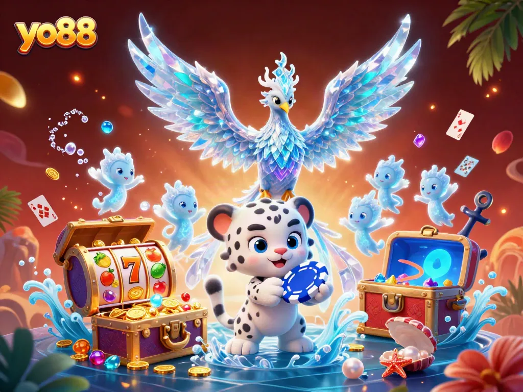 Join the engaging game experience at yo88 with vibrant slot reels and enchanting ice characters!