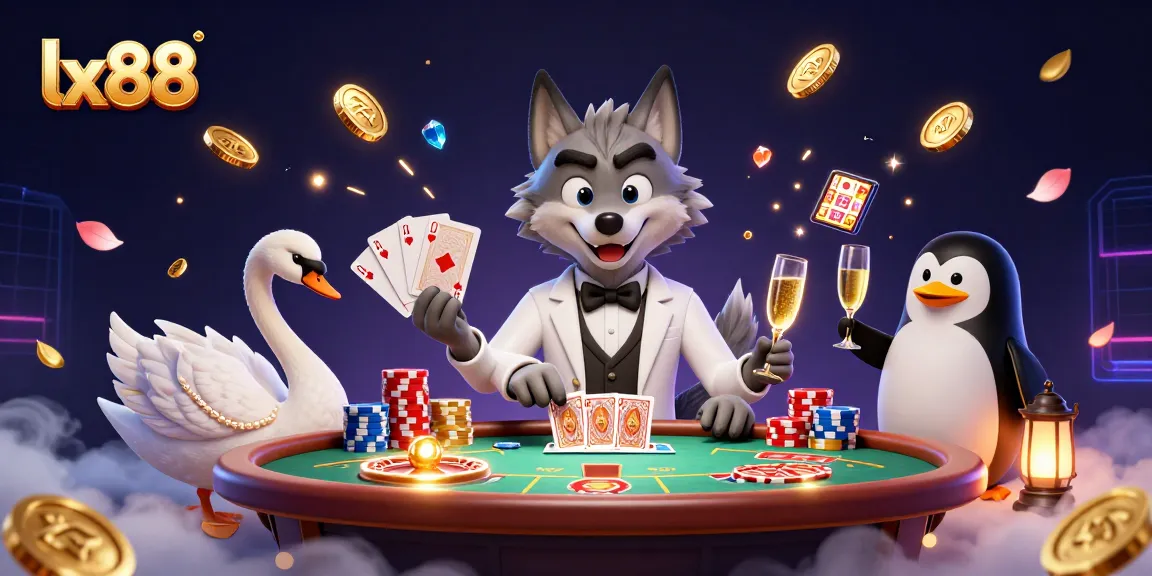 LX88 game experience featuring a debonair wolf, elegant swan, and penguin presenting luxuries.