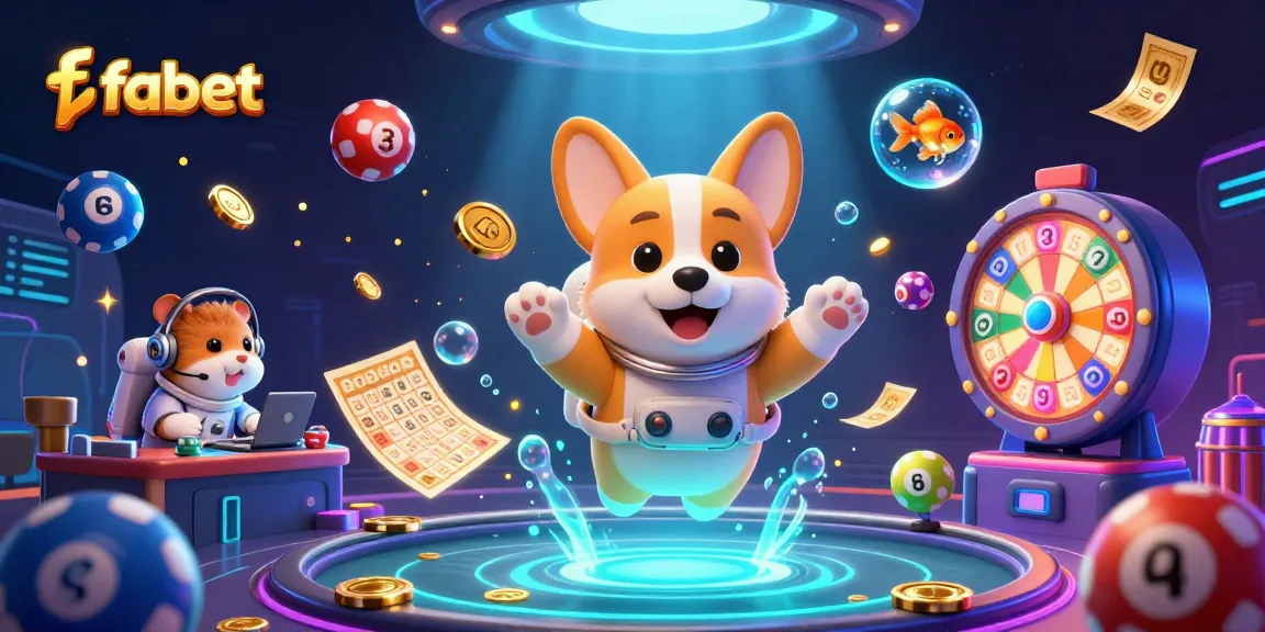 FABET casino illustration with a cartoon space setting featuring an astronaut corgi amidst floating coins and bingo elements.