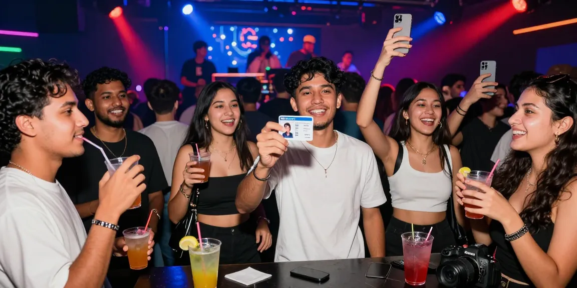 Group celebrating at a club with scannable Club21ids ID card, vibrant nightlife captured.