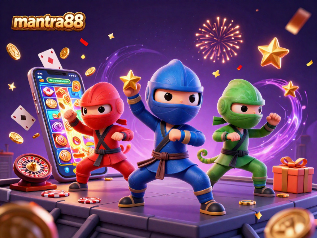 Engage with mantra88 in a vibrant, dynamic scene full of casino elements and ninja chameleon characters.