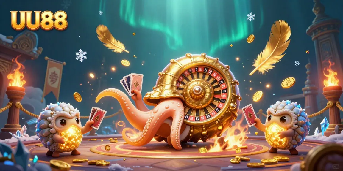 Engage with UU88's thrilling casino experience featuring a giant nautilus roulette wheel and glowing companions.