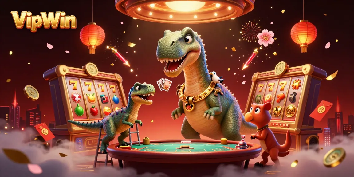 Engage with VipWin at the lively casino where a giant brontosaurus towers over a vibrant poker game.