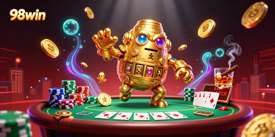 Experience big wins at 98win with vibrant casino games and golden golem surrounded by poker action.