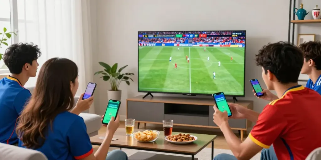 Menonton pertandingan olahraga secara langsung di rumah menggunakan aplikasi glowing88 dengan teman-teman.