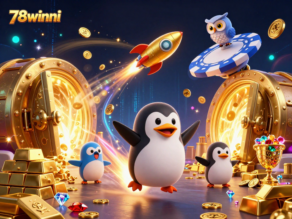 Experience 78winni's thrilling gameplay with a golden penguin racing to a poker chip casino in space.