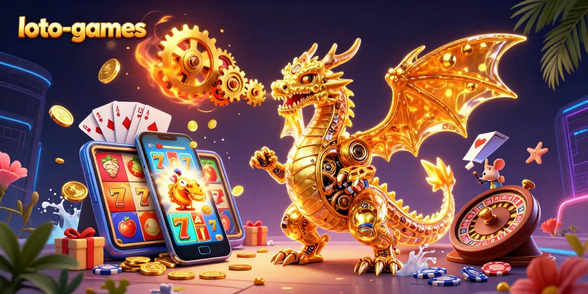 Experience thrilling loto-games with dynamic slot game visuals and an animated golden dragon.