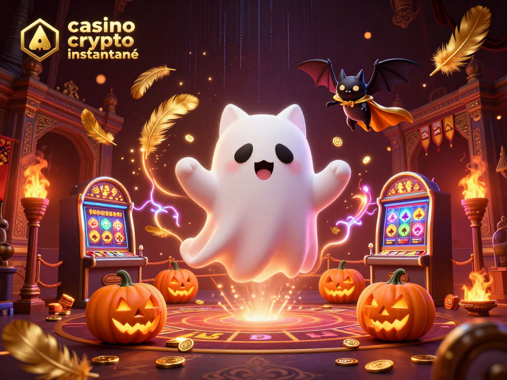 Éprouvez le frisson du casino crypto retrait instantané avec un chat fantôme et une chauve-souris dans un univers ludique.