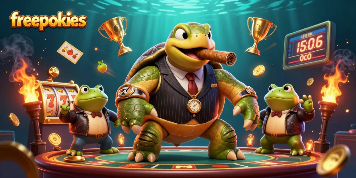 Engage with freepokies as a massive turtle in a pinstripe suit leads gaming fun with bullfrog enforcers.