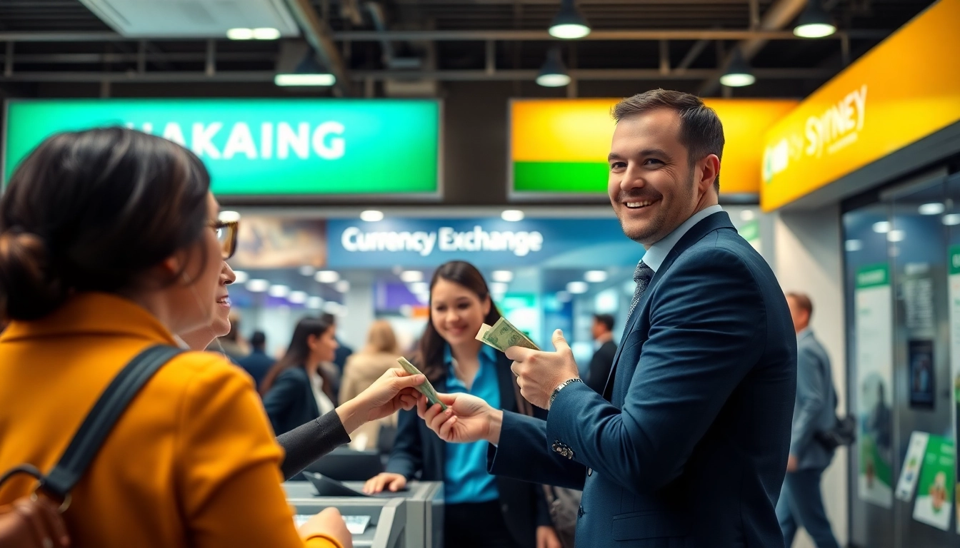 A bustling money exchange scene in Sydney with friendly staff assisting customers.