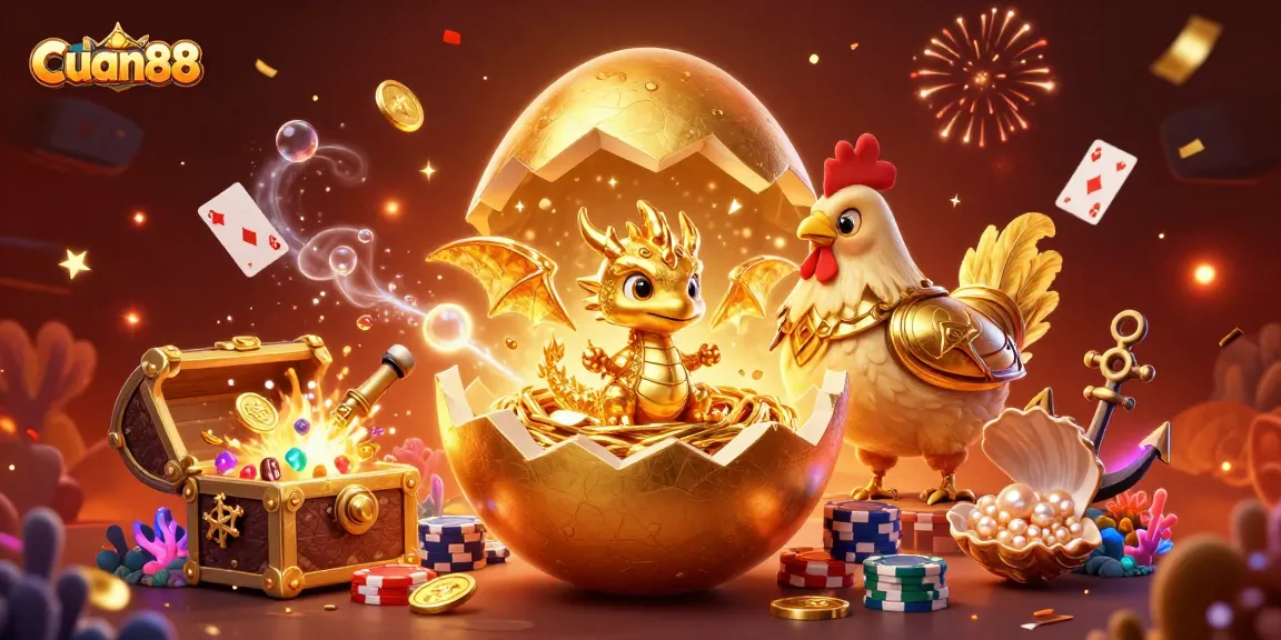 Gambarlah cuan88 saat telur emas besar pecah, memperlihatkan naga emas berkilau di tumpukan chip.
