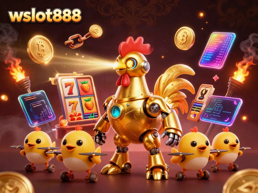 Bermain slot online di wslot888 dengan robot ayam emas futuristik yang menyinari pola-pola berkilau.