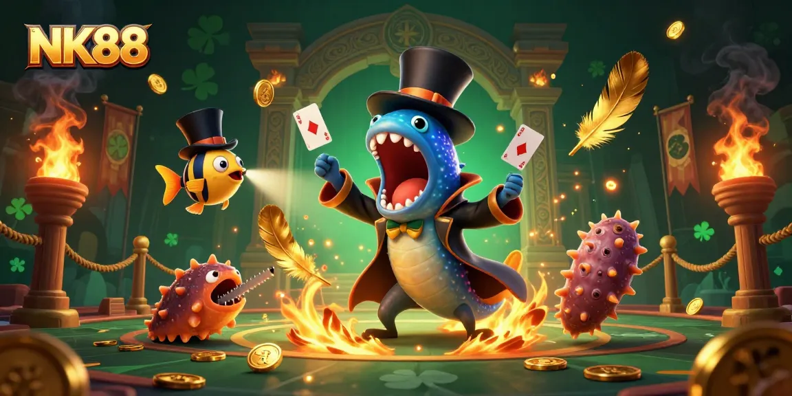 Experience thrilling card tricks with NK88 featuring a masterful gulper eel magician in an underwater casino scene.