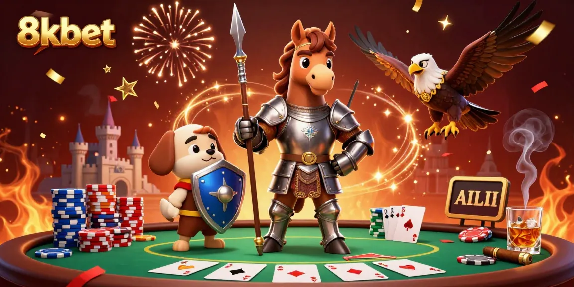 Experience the thrill of 8kbet with a medieval knight, a playful puppy, and thrilling poker elements.