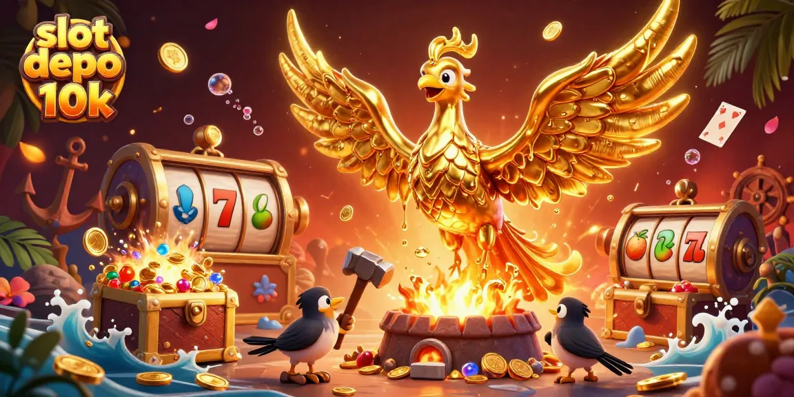 Experience slot depo 10k excitement with golden phoenix and spinning reels in a vibrant casino scene.