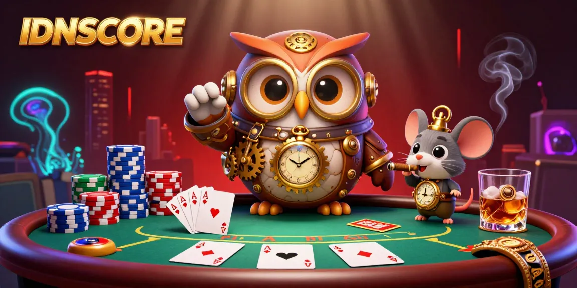 Experience thrilling casino action with IDNSCORE in a vibrant, animated 3D scene filled with poker excitement and energy.