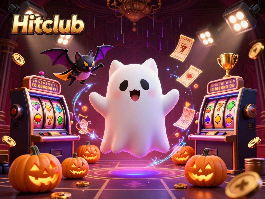 Hitclub showcases a thrilling haunted casino scene featuring a ghost cat and a vampire bat amidst slot machines.