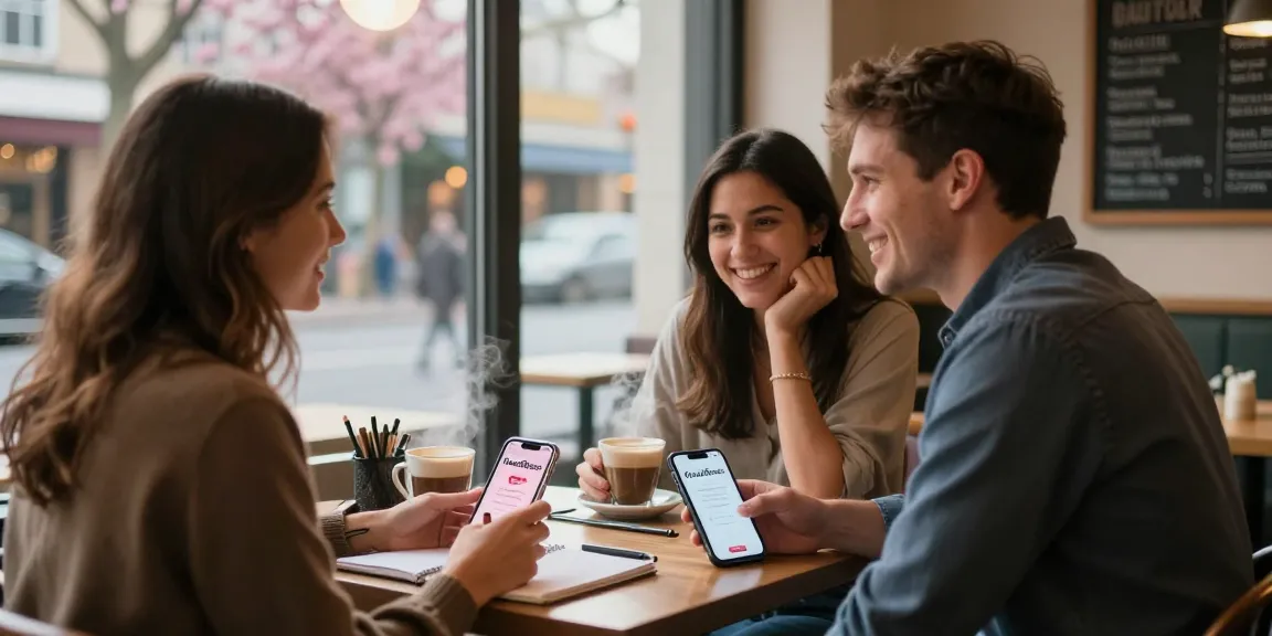 Engaged singles exploring the HundRoses app in a cozy coffee shop.