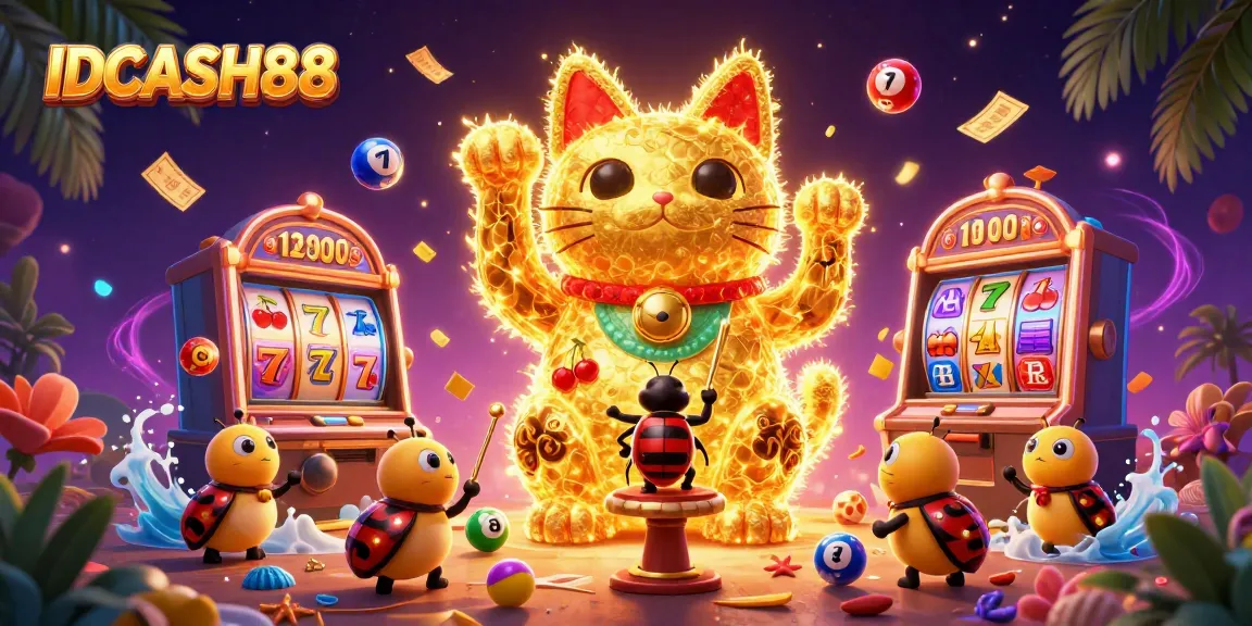 Experience the excitement of IDCASH88 with a vibrant slot-themed illustration showcasing dynamic casino elements.
