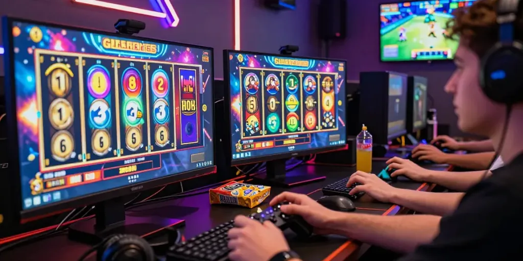 Player enjoying slot gacor game on vibrant gaming setup, showcasing excitement and modern gaming accessories.