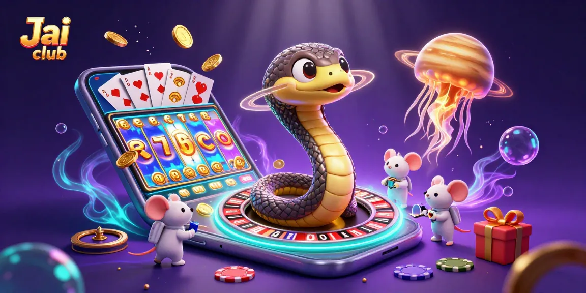 Experience thrilling gameplay at Jai club with colorful slots and casino elements illustrated in cosmic style.