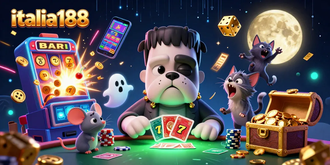 Italia188 menghadirkan momen kemenangan di kasino dengan bulldog Frankenstein, simbol slot, dan kucing werewolf.