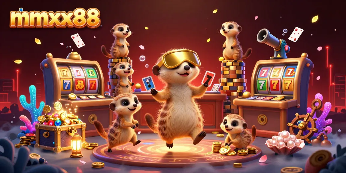 The meerkats of mmxx88 operate a colorful casino, featuring lively elements like slot reels and sparkling gems.